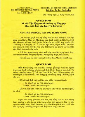 QUYẾT ĐỊNH CỦA CHỦ TỊCH HĐMT TP HẢI PHÒNG. V/v: VẬN ĐỘNG CON CHÁU DÒNG HỌ ĐÓNG GÓP THEO SUẤT ĐINH XÂY DỰNG TỪ ĐƯỜNG HỌ.